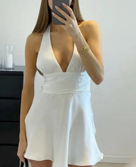 Satin Deep Neck Halter Frill Mini Dress - Free From Label