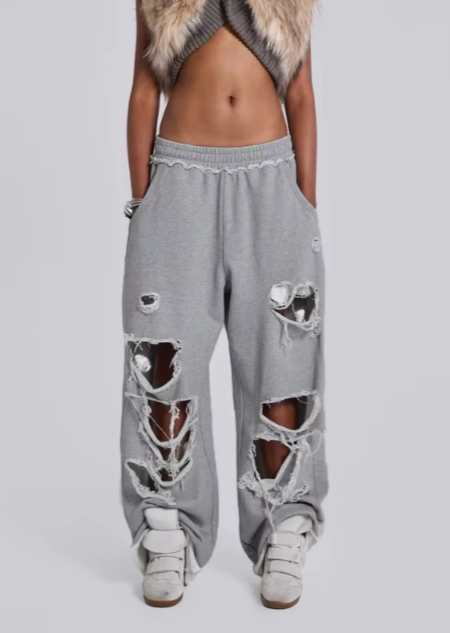Grey Distressed Holes Sweatpants