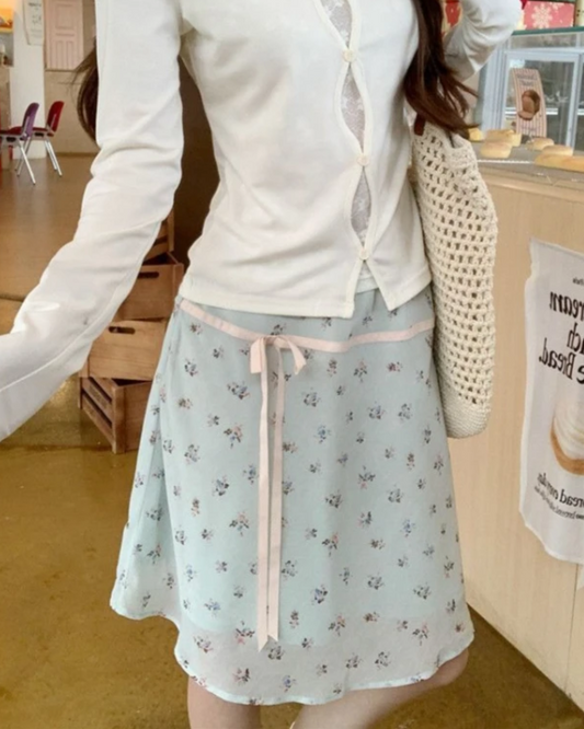 Blue Floral Print Bow Waist Short Skirt