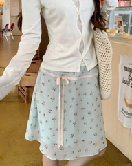 Blue Floral Print Bow Waist Short Skirt