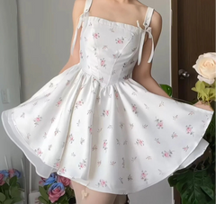 White Floral Print Bow Strap Chiffon Mini Dress