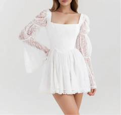 White Lace Long Sleeve Square Collar Mini Dress