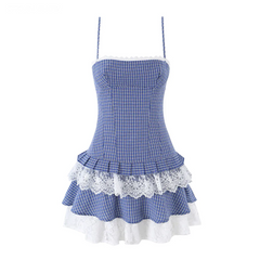 Blue Plaid Short  Lace Hem Cake Sling Dress