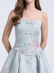 Floral Embroidery Strapless Puff Hem Mini Dress