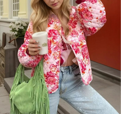 Pink Flower Print O-Collar Quilted Jacket