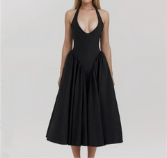 Halter Pleated Deep Neck Midi Dress