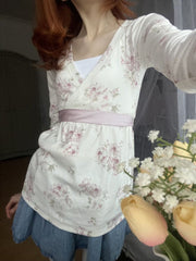 White Babydoll Pink Ribbon Floral Print Long Sleeve Top