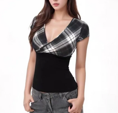 Plaid Contrast Short Sleeve Black Top