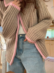 Brown Zipper Contrast Pink Striped Textured Cardigan