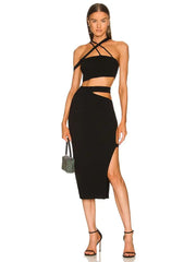 Black Bodycon Cut Out Cropped Top & Midi Skirt Set