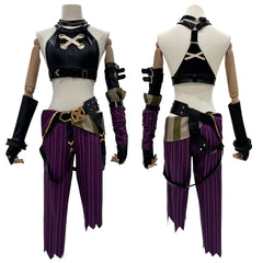“Full Jinx costume set with harness straps, gloves, and purple pants”