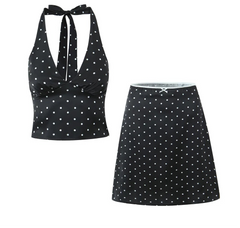 Satin Black Polka Dot Bow Halter Tank Top And MIDI Skirt Set