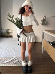 White Long Sleeve Crop Top And Micro Pleated Mini Skirt Set