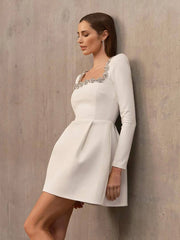 Square Collar Diamond A-Line Long Sleeves White Mini Dress