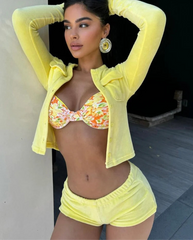 Yellow Terry Long Sleeve Buttoned Top And Shorts Set