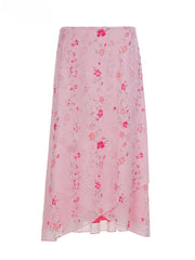 Pink Floral Print Mesh Midi Skirt