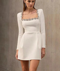 Square Collar Diamond A-Line Long Sleeves White Mini Dress