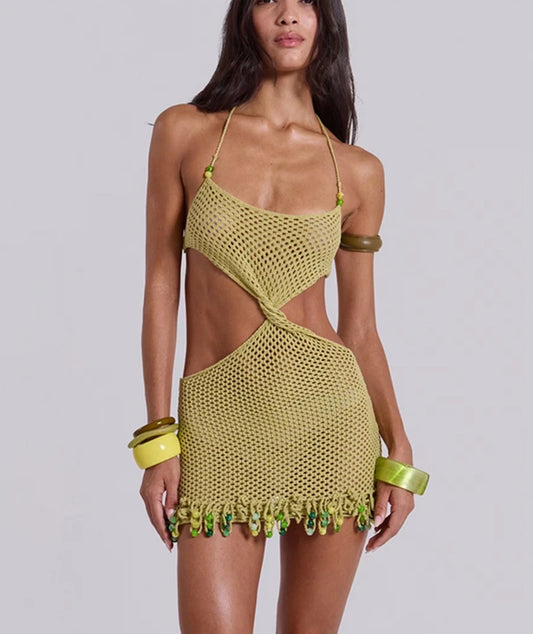 Beading Fringe Knit Crocheted Cover Up Mini Dress
