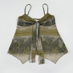 Green Printed Mesh Spaghetti Strap Top