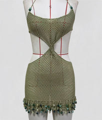 Beading Fringe Knit Crocheted Cover Up Mini Dress