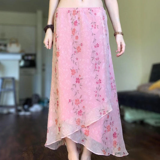 Pink Floral Print Mesh Midi Skirt