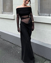 Mesh Off-Shoulder Long Sleeve Cut Out Maxi Dress