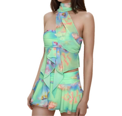 Green Tie-dye Print Chiffon Halter Tank Top And Mini Skirt Set