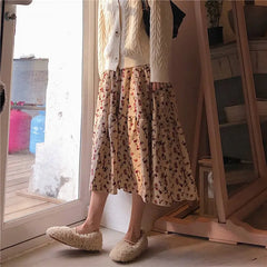 Corduroy High Waist Floral Print Maxi Skirt Free From Label