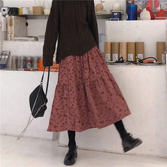 Corduroy High Waist Floral Print Maxi Skirt Free From Label