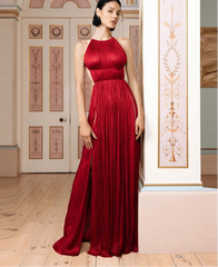 Red Pleated Halter Maxi Dress