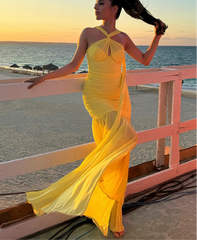 Yellow Ruched Halter Tie-Up Mesh Maxi Dress