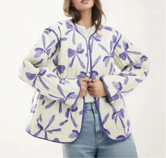 Purple Bow Print O-Collar Quilted Jacket