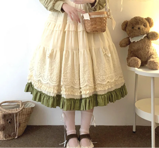 Women's embroidery lace floral bow ruffles long skirt with A-line silhouette.

