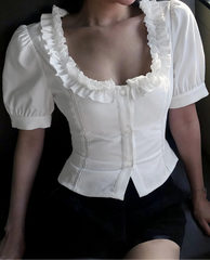 White Ruched Square Collar Short Puff Sleeve Blouse