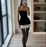 Black Strapless Pleated Patchwork Mini Dress