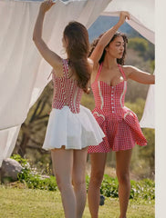 Red Plaid Print Heart Shaped Pocket Halter Mini Dress