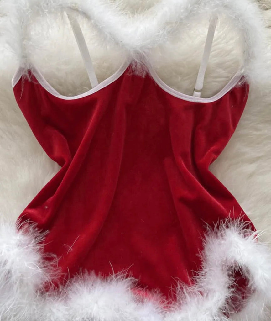 Red Velvet Fur Bodysuit Christmas Lingerie