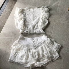 White Ruffles Crop Top And Shorts Set