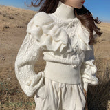 White Turtleneck Lantern Sleeve Ruffle Sweater