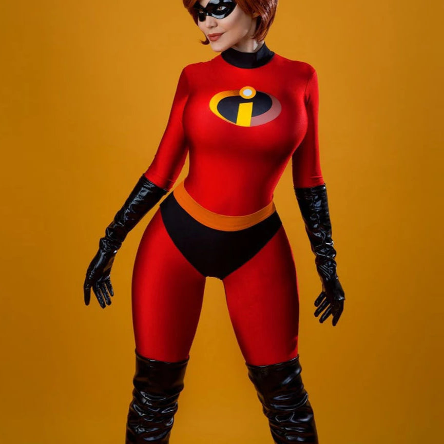 “Mrs. Incredible Elastigirl red superhero jumpsuit costume with gloves”