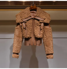 Brown Faux Fur Long Sleeve Zipper Turndown Collar Jacket