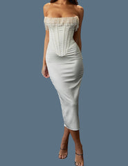 Satin Pearl Tassel Corset Tube Midi Dress