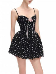 Black Polka Dot 3D Flower Mini Dress