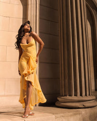 Yellow Ruffles Hem Strappy Midi Dress