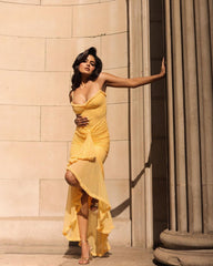 Yellow Ruffles Hem Strappy Midi Dress