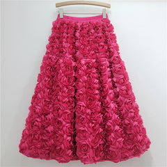 Elastic Waist A-line 3d Rose Flowers Design Maxi Skirt Free From Label