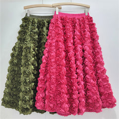 Elastic Waist A-line 3d Rose Flowers Design Maxi Skirt Free From Label