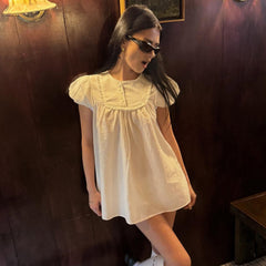 White Round Collar Puff Sleeve A-Line Mini Dress