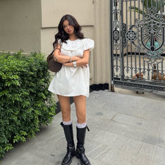 White Round Collar Puff Sleeve A-Line Mini Dress