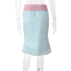 Satin Blue Polka Dot Lace Trim Midi Skirt
